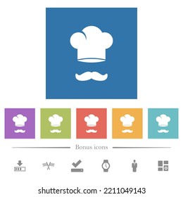 Chef hat and mustache flat white icons in square backgrounds. 6 bonus icons included.