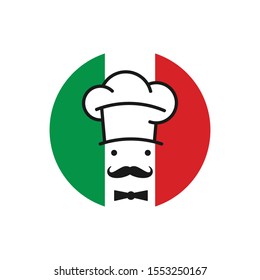 chef hat with mustache food restaurant vector logo design template with italian flag behind