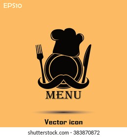 Chef hat with mustache. Foods Service icon. Menu card. vector il