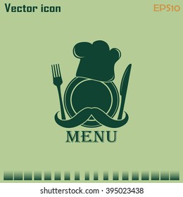 Chef hat with mustache. Foods Service icon. Menu card. vector il