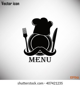 Chef hat with mustache. Foods Service icon. Menu card. vector il