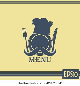 Chef hat with mustache. Foods Service icon. Menu card