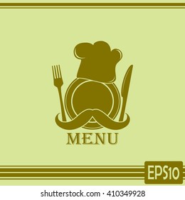 Chef hat with mustache. Foods Service icon. Menu card. vector il