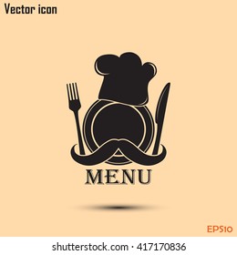 Chef hat with mustache. Foods Service icon. Menu card. vector il