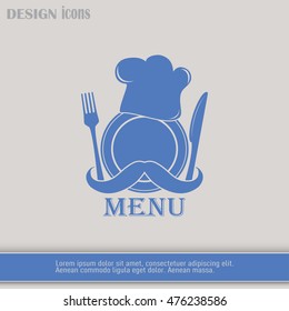 Chef hat with mustache. Foods Service icon. Menu card. vector 