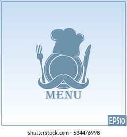 Chef hat with mustache. Foods Service icon. Menu card. vector il
