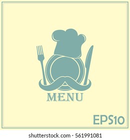 Chef hat with mustache. Foods Service icon. Menu card. vector il