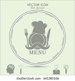 Chef hat with mustache. Foods Service icon. Menu card.