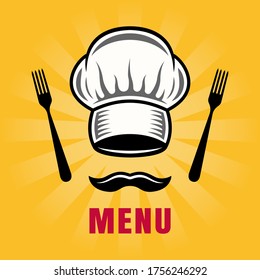 Chef hat with mustache and forks restaurant menu vector colored illustration, template for advertising