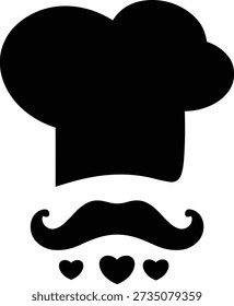 Sombrero de chef con bigote y corazones que simbolizan la pasión culinaria y el amor por la cocina en un Diseño gráfico simple