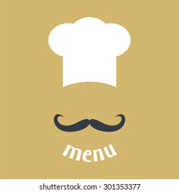 Chef hat and mustache icon with menu text on gold background. Restaurant cooking symbol for culinary food service. Flat simple design vector illustration with white toque and retro hipster style graphic