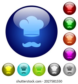 Chef hat and mustache icons on round glass buttons in multiple colors. Arranged layer structure