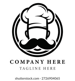 Diseño de logotipo de sombrero de chef y bigote con marco de círculo y texto de marcador de posición para empresa y eslogan