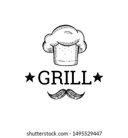 Chef Hat & Mustache Logo Sketch, Grill & BBQ Cooking Cap Icon, Vintage Hand Drawn Style. Vector Illustration Isolated White Background. Line Art Drawing For Restaurant Menu, Food Logo, Cuisine  Design