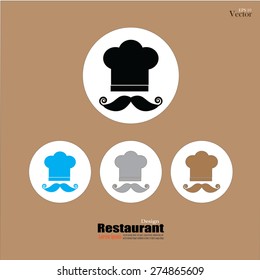 Chef hat with mustache . Menu card. Flat design style. Vector illustration.