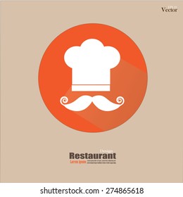 Chef hat with mustache . Menu card. Flat design style. Vector illustration.