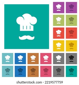 Chef hat and mustache multi colored flat icons on plain square backgrounds. Included white and darker icon variations for hover or active effects.
