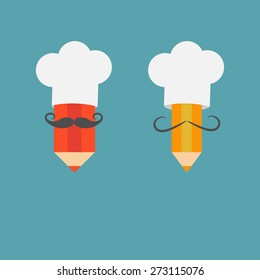 Chef hat mustache with pencil set. Menu card. Recipe concept. Flat design style. Vector illustration