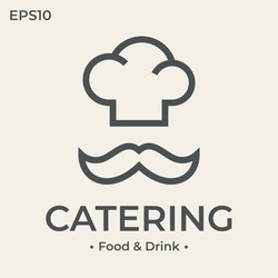 Chef Hat And Mustache Restaurant Logo Icon With Name Catering And Slogan Food And Drinks. It Can Be Can Be Used For Restaurant Name, Company Brand Name Or Cooking Competition.