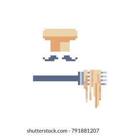 Chef hat and mustache. Spaghetti Pasta on fork. Pixel art icons. Italian Cuisine. Sticker design. Isolated vector illustration.