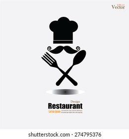 Chef hat with mustache spoon and fork. Menu card. Flat design style. Vector illustration.