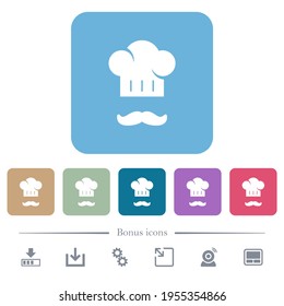 Chef hat and mustache white flat icons on color rounded square backgrounds. 6 bonus icons included