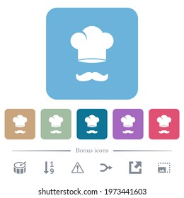 Chef hat and mustache white flat icons on color rounded square backgrounds. 6 bonus icons included