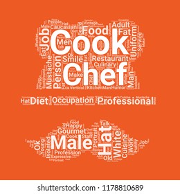 Chef hat with mustache word cloud vector design creative concept. Chef hat with mustache icon shape. Trendy vector word collection.