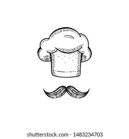 Chef hat & mustaches sketch, cooking cap icon. Restaurant uniform in vintage hand drawn style. Vector illustration isolated  white background. Line art, hat drawing for menu, food, cuisine logo design