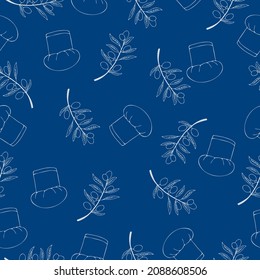 Chef hat and olive seamless pattern design and background on a blue background