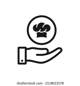 Chef hat on hand. Cooking, food, menu icon line style isolated. Vector illustration