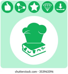 Chef hat on the menu book with food. Vector icon.