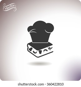 Chef hat on the menu book with food. Vector icon.