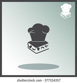 Chef hat on the menu book with food. Vector icon.