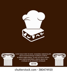 Chef hat on the menu book with food. Vector icon.