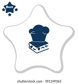 Chef hat on the menu book with food. Vector icon.