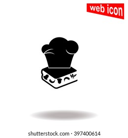 Chef hat on the menu book with food. Universal icon to use in web and mobile UI