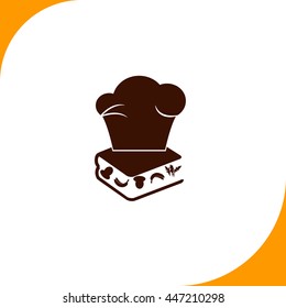 Chef hat on the menu book sign. Brown icon on white background