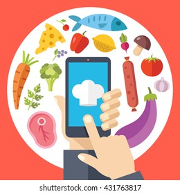 Chef hat on smartphone screen, food ingredients set. Hand hold smartphone, finger touch screen. Online recipes. Modern concept for web banners, web sites, infographics. Flat design vector illustration