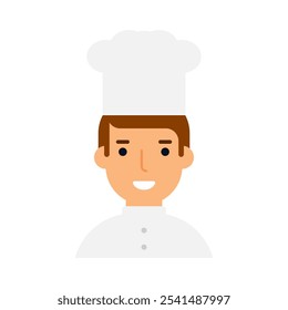 Chef with a hat and a perfect smile. Color flat cartoon style. Happy young baker. White background. Vector image.