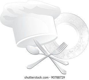 Chef hat, plate with spoon, fork and knife. Vector