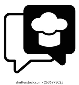 Chef hat in popup window solid icon, culinary cooking concept. Vector graphics. Cooker man cap with bubbles sign on white background, style mobile or design