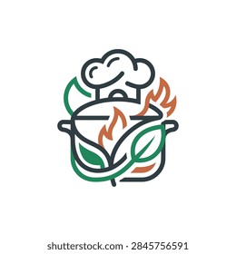 Chef hat and pot icon with fire and leaves.