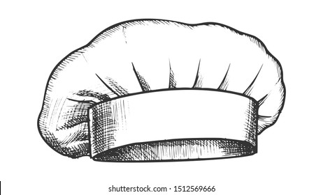 Chef Hat Professional Cooker Clothing Ink Vector. Fabric Hat Uniform Costume Wear Element. Garment Kitchen Workwear Engraving Mockup Hand Drawn In Retro Style Black And White Illustration