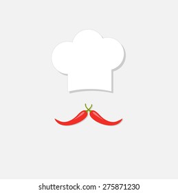 Chef hat and red hot pepper mustache. Menu card. Flat design style. Vector illustration.