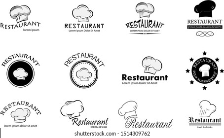 Chef Hat And Restaurant Logo Set - Isolated On White. Vector For Food Icon, Cooking Hat, Kitchen, Bar And Chef Logo Design. Restaurant And Chef Hat Logo For Bistro, Cook Elements And Food Labels