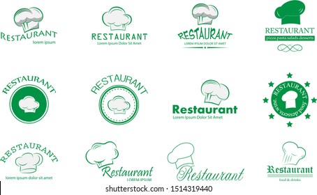 Chef Hat And Restaurant Logo Set - Isolated On White. Vector For Food Icon, Cooking Hat, Kitchen, Bar And Chef Logo Design. Restaurant And Chef Hat Logo For Bistro, Cook Elements And Food Labels