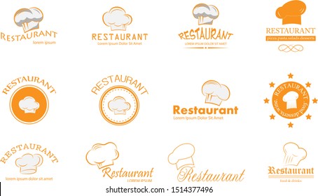 Chef Hat And Restaurant Logo Set - Isolated On White. Vector For Food Icon, Cooking Hat, Kitchen, Bar And Chef Logo Design. Restaurant And Chef Hat Logo For Bistro, Cook Elements And Food Labels