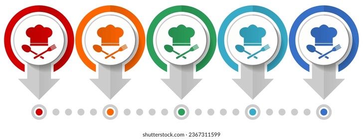 Chef hat, restaurant menu concept vector icon set, flat design infographic template, set pointer concept icons in 5 color options for webdesign and mobile applications
