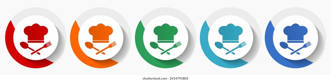 Chef hat, restaurant menu concept vector icon set, flat icons for logo design, webdesign and mobile applications, colorful round buttons